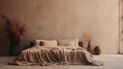 Generative AI, Relaxing bedroom detail of bed with natural linen textured bedding, muted neutral aesthetic colors..
