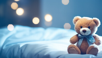 bear standing on bed in hospital, world cancer day concept