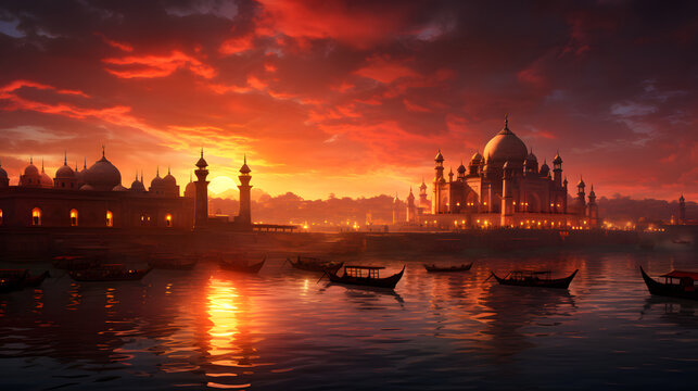 Beautiful Sunset and Sunrise at Taj Mahal India - Generated by AI