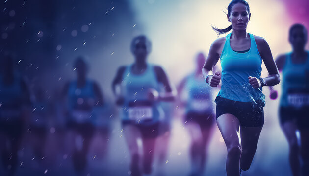 Running people in purple light, world cancer day concept