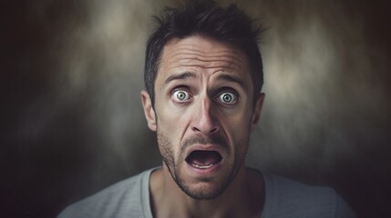 Portrait of a white male with fear expression against textured background with space for text, AI generated, Background image - obrazy, fototapety, plakaty