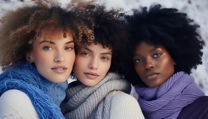 Obraz premium Portrait of three women in purple clothes, world cancer day concept