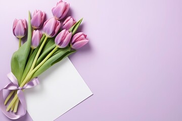 Purple tulips, envelope, blank sheet, Valentine's Day, Mother's Day, holiday concept. Top view, flat lay, mockup. Generative AI
