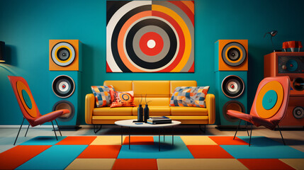 Retro style living room with hi-fi audio turntable - obrazy, fototapety, plakaty