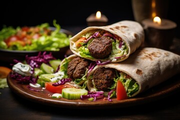 Tortilla wraps with meatballs, vegetables and tzatziki sauce, ortilla wrap with falafel and fresh...