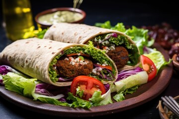 Tortilla wrap with falafel and fresh vegetables on dark background, ortilla wrap with falafel and...