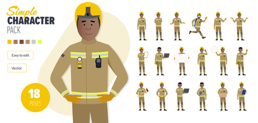 Simple flat black male firefighter vector character in a set of multiple poses. Easy to edit and isolated on a white background. Modern trendy style character mega pack with lots of poses.	