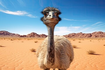 Ostrich in the Sahara desert, Morocco. Safari in Africa, ostrich in the desert HD 8K wallpaper Stock Photographic Image, AI Generated - obrazy, fototapety, plakaty