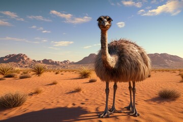 Ostrich in the Namib desert, Namibia, Africa, ostrich in the desert HD 8K wallpaper Stock Photographic Image, AI Generated - obrazy, fototapety, plakaty