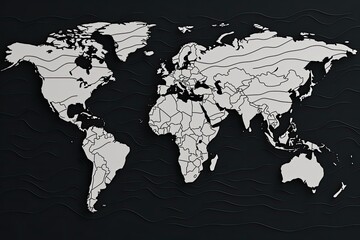 World map on a black background. World map vector illustration. World Map, Outlined map of the world, line art, black and white, AI Generated