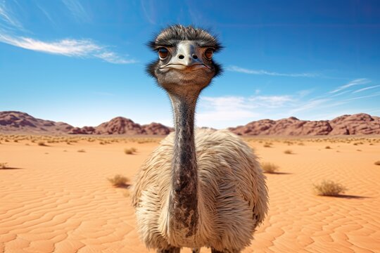 Ostrich in the Sahara desert, Morocco. Safari in Africa, ostrich in the desert HD 8K wallpaper Stock Photographic Image, AI Generated