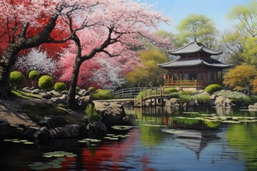 Naklejka premium Pagoda and cherry blossom trees in a Japanese garden, painting of a japanese garden with sakura tree ultra realistic photrealistic realism, AI Generated