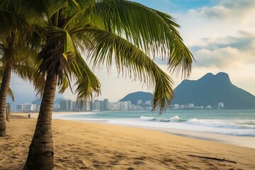 Palm trees on the beach in Rio de Janeiro, Brazil, Palms and Two Brothers Mountain on Ipanema beach, Rio de Janeiro, AI Generated