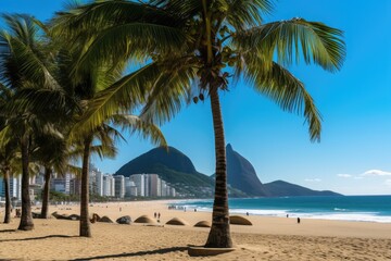 View of Rio de Janeiro, Brazil from the beach with palm trees, Palms and Two Brothers Mountain on...