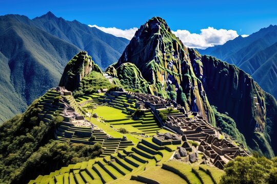 Machu Picchu, Peru, South America. The Inca city of Machu Picchu is a UNESCO World Heritage Site, Overview of Machu Picchu, agriculture terraces and Wayna Picchu peak in the background, AI Generated