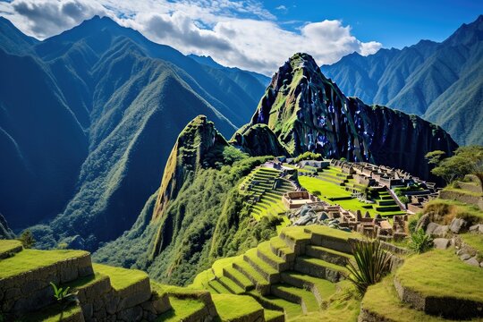 Panoramic view of Machu Picchu, Peru, South America, Overview of Machu Picchu, agriculture terraces and Wayna Picchu peak in the background, AI Generated