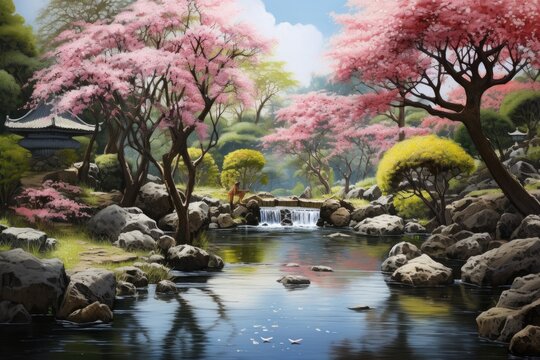 Japanese garden with cherry blossoms in spring time,colorful painting, painting of a japanese garden with sakura tree ultra realistic photrealistic realism, AI Generated