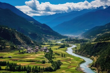 Mountain landscape with village and river in Himalayas, Nepal, Panorama view of Paro valley, Bhutan, AI Generated