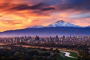 Naklejka premium Mt. Fuji and cityscape of Nagano at sunset, Japan, Panorama von Santiago, Chile mit Andenkordillere, AI Generated