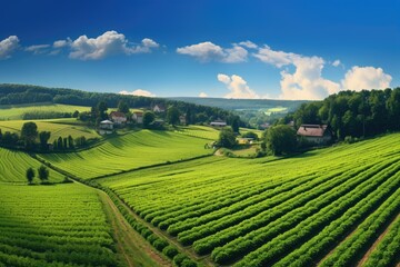 Fototapeta na wymiar Landscape of vineyards and village in Czech Republic. Rural landscape, Panoramic photo of a beautiful agricultural view with pepper and leek plantations, AI Generated