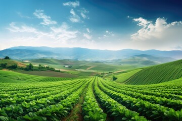 Green cotton field in the mountains. Agricultural landscape. Agricultural industry, Panoramic photo of a beautiful agricultural view with pepper and leek plantations, AI Generated