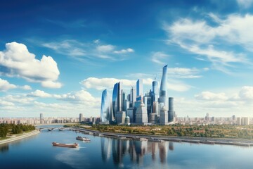 Fototapeta premium panoramic view of modern city with skyscrapers and river, Panoramic view of Moscow-City and Moscow River. International business center in the daytime, AI Generated