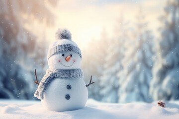 Snowman in winter forest. Christmas and New Year holidays background, Panoramic view of happy snowman in winter secenery with copy space, AI Generated