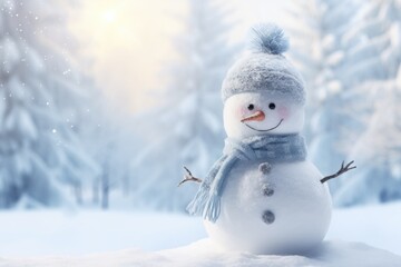 Obraz premium Snowman in the winter forest. Christmas and New Year background, Panoramic view of happy snowman in winter secenery with copy space, AI Generated