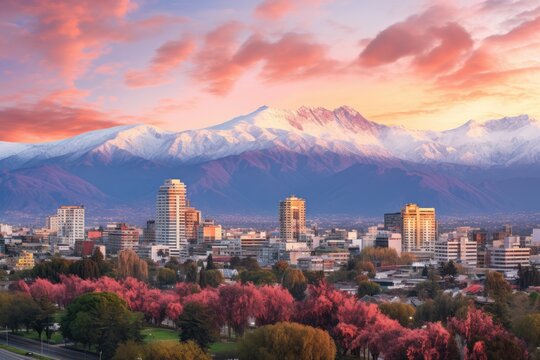 Cityscape of the city with snow capped mountains in the background, Panorama von Santiago, Chile mit Andenkordillere, AI Generated