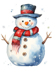 Watercolor colorful Christmas snowman on white background