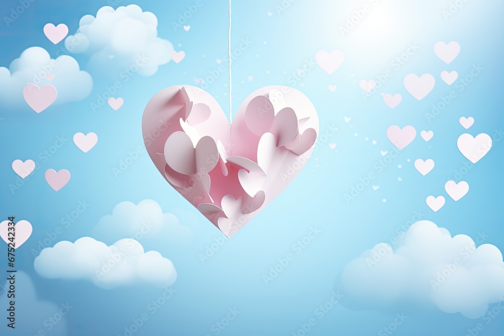 Poster Paper heart on blue sky background with clouds. Vector paper art illustration, Paper art of Heart shape hanging from the sky on pastel background, AI Generated