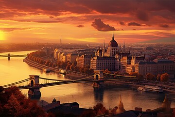 Dramatic sunset over the Danube river in Budapest, Hungary, Panoramic view over the budapest at sunset, AI Generated