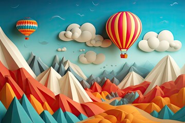 Colorful paper art landscape with hot air balloon flying over the mountains, Paper art style of hot air balloon flying in the sky, AI Generated