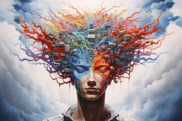 3D rendering of a woman's face with a lot of colorful thoughts, Paradigm of Mind Painting, AI...