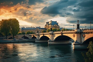 Fototapeta premium Sunset over Seine river in Paris, France. Toned, Paris France with River Seine - amazing travel photography, AI Generated