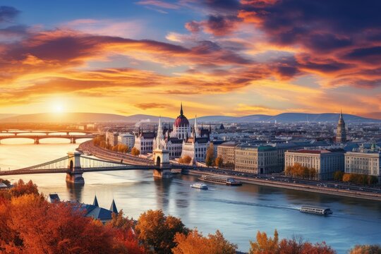 Panoramic view of Budapest at sunset, Hungary. Beautiful cityscape with Danube river, Panoramic view over the budapest at sunset, AI Generated