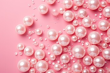 Pink pearls on pink background, top view. Space for text, Pearl confetti on pink background, AI Generated - Powered by Adobe