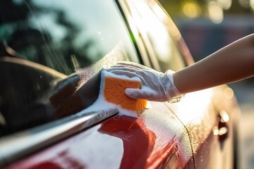Hand of a woman in a white glove washes the car with a sponge, People hand close up cleaning car with a sponge at the car wash, AI Generated - Powered by Adobe