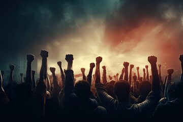 Concert crowd raising their hands in the air at a music festival, People raised hand to Protest, AI Generated
