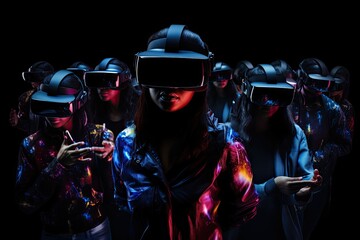 Group of young people in virtual reality headsets. Studio shot on black background, People wearing VR headsets and standing, With hologram effect, full face covered with VR headset, AI Generated