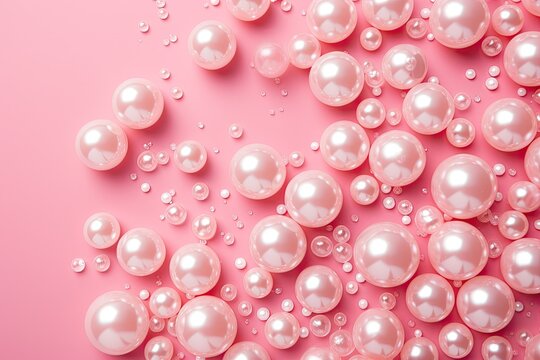 Pink pearls on pink background, top view. Space for text, Pearl confetti on pink background, AI Generated