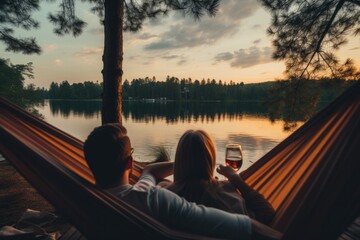 Couple sitting in hammock and drinking wine on the lake at sunset, person view couple resting at camping woman laying in hammock with beautiful view of forest lake, AI Generated - Powered by Adobe