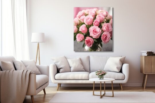 Interior of modern living room with white sofa and pink flowers. 3d render, petals rose collection pink roses vase table favorite blurred high large canvas australian wildflowers, AI Generated