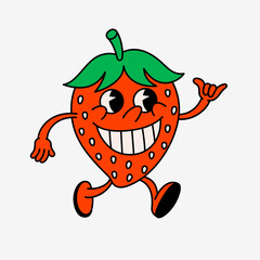 Retro style cartoon strawberry character with smile. Groovy vintage 70s berry character with funny face showing shaka gesture.