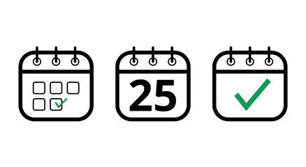 Simple, hollow calendar icons isolated on white background. Flat icons for websites, blogs and graphic resources. calendar with a specific day marked, day 25.