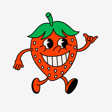 Retro style cartoon strawberry character with smile. Groovy vintage 70s berry character with funny face showing shaka gesture.