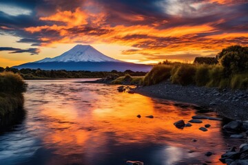 Mt Fuji at Kawaguchiko lake at sunset, Japan, Picturesque sunset over Tongariro river and lake Taupo, AI Generated