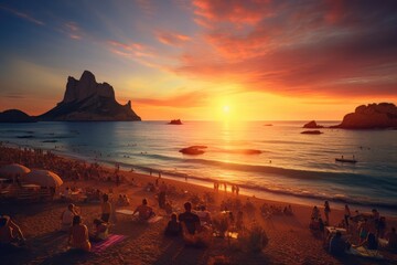 Beautiful sunset in Cala Figuera beach, Ibiza, Spain, Picturesque view of Cala d'Hort tropical Beach, people hangout in beautiful beach with Es Vedra rock, AI Generated