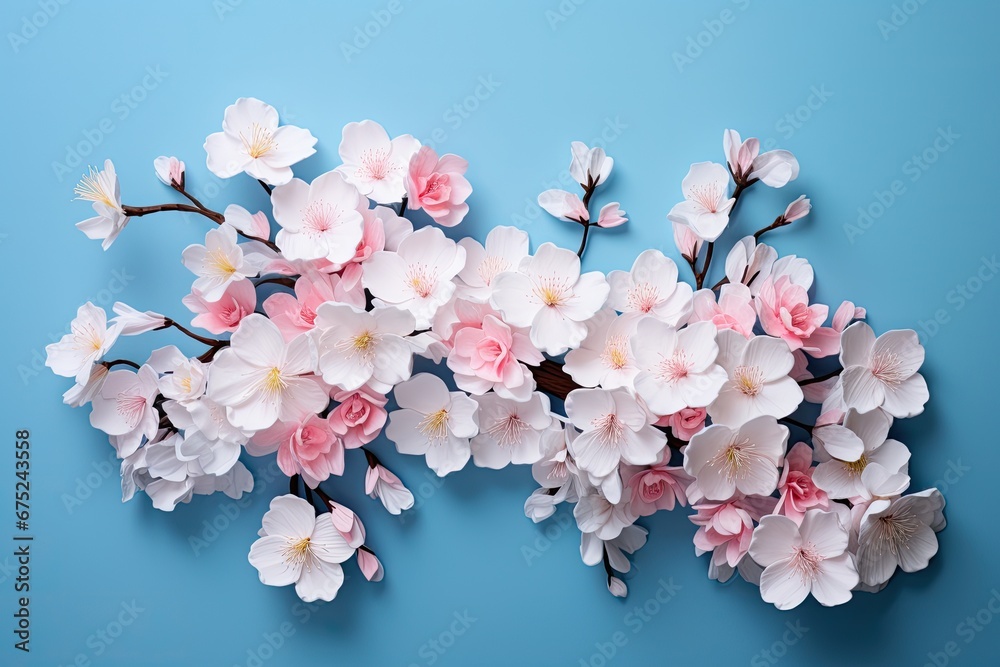 Sticker cherry blossom branch on blue background, top view, copy space, pink and white flowers on a blue bac