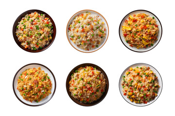 Collection of a plate of fried rice isolated on a transparent background, top view, cut out - obrazy, fototapety, plakaty